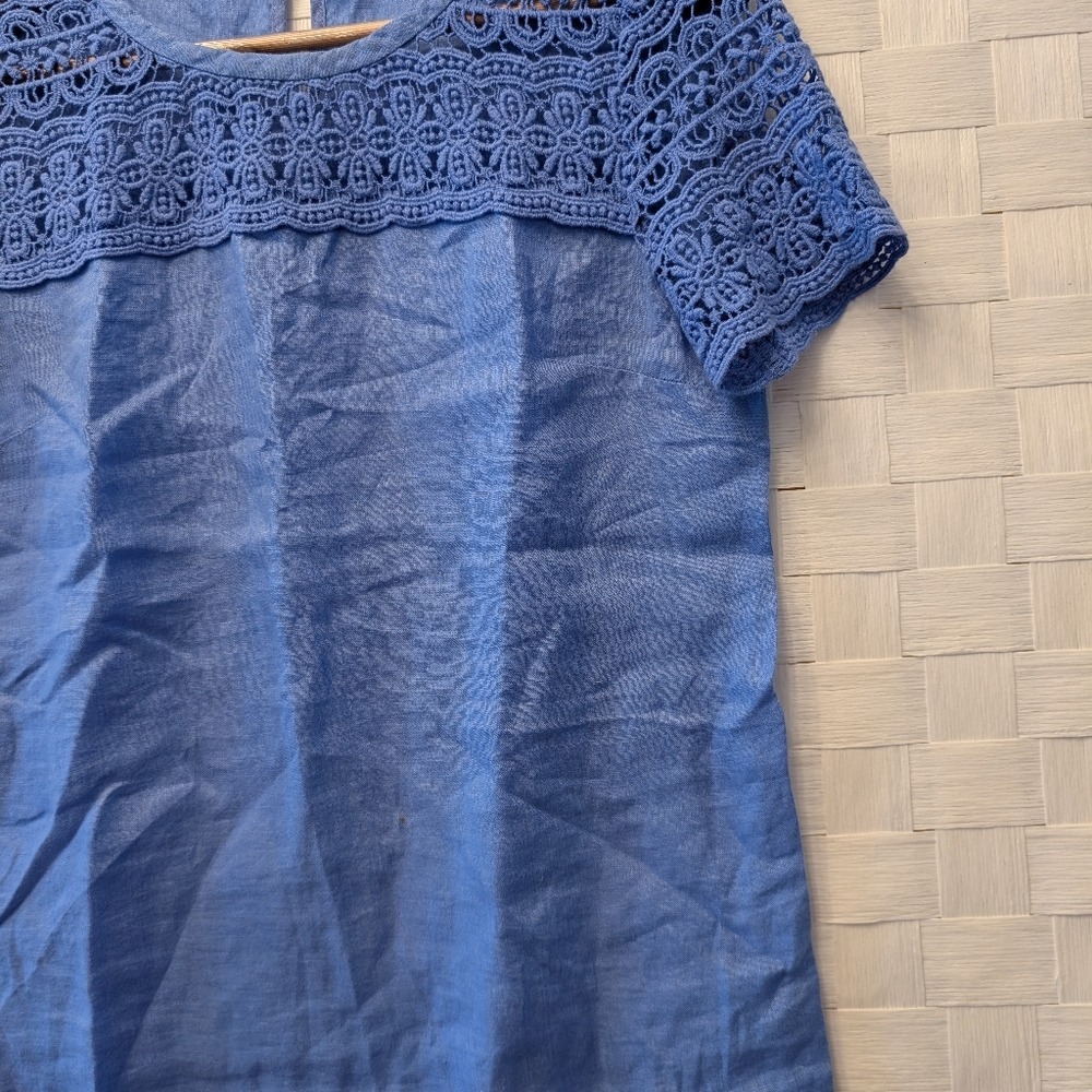 J.Crew Blue 100% Linen‎ Crochet Lace Yoke Short Sleeve Top C3489 Size 0 - Picture 6 of 14